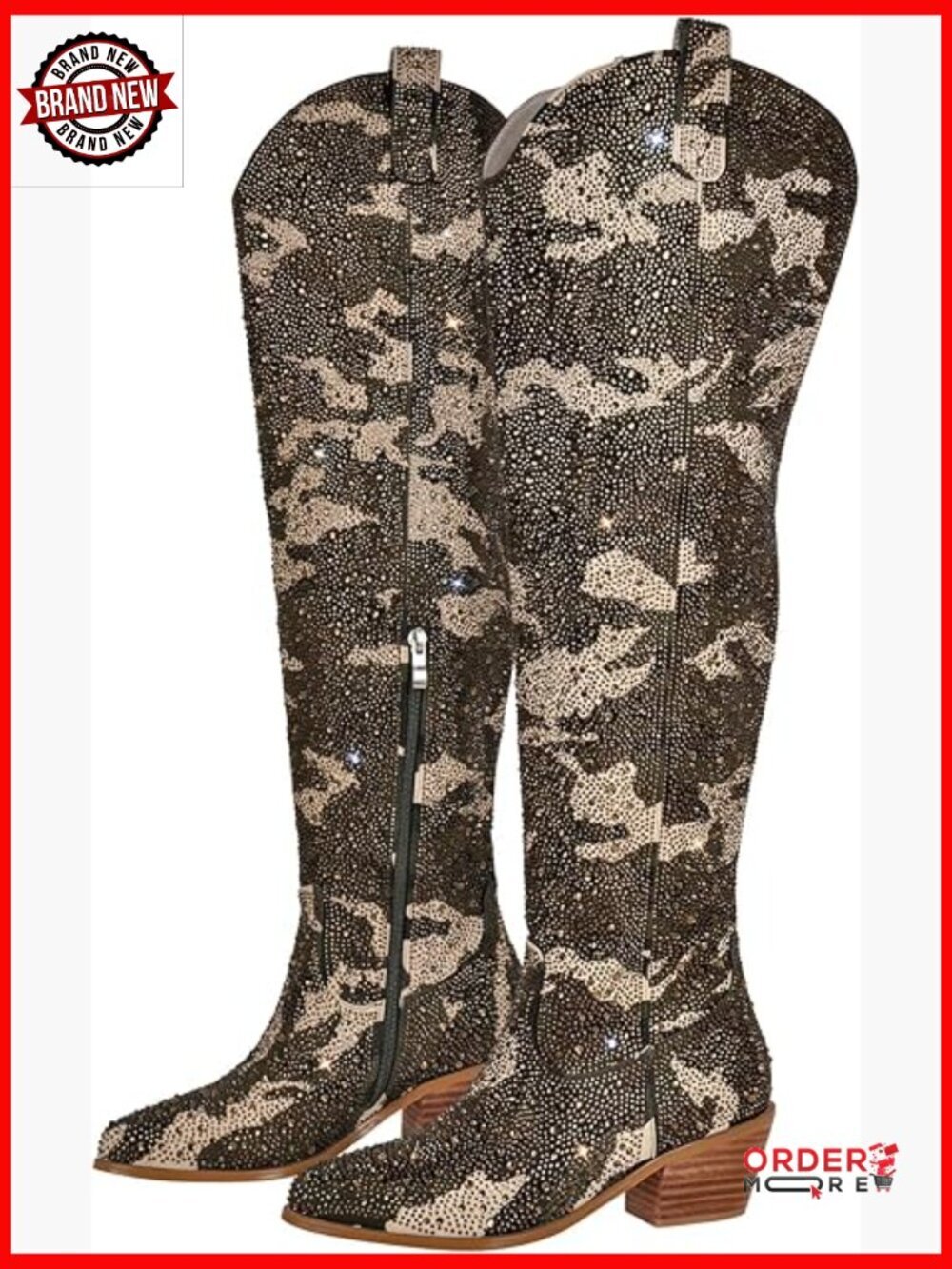 Sparkly Rhinestone Cowboy Boots Stretchy Wide Calf Thigh High